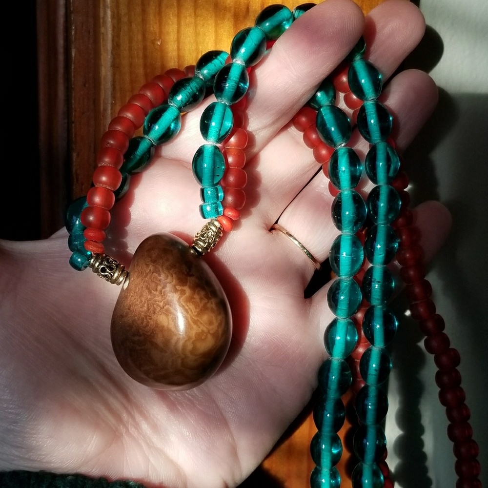 Relisted - Boho Nut Bead necklace teal orange statement - Picture 4 of 8